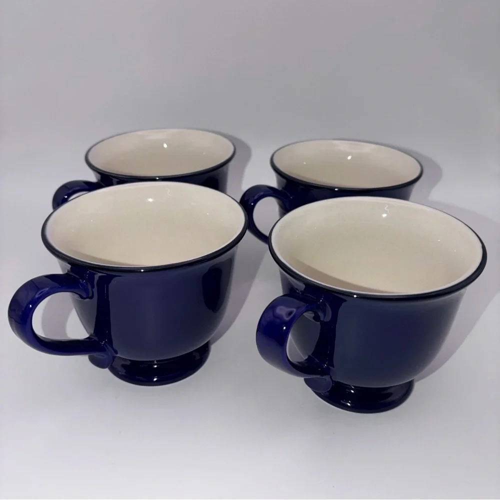 Vintage Cobalt Blue Stoneware Tea Cups Set w Sugar Bowl & Creamer - Picture 4 of 16